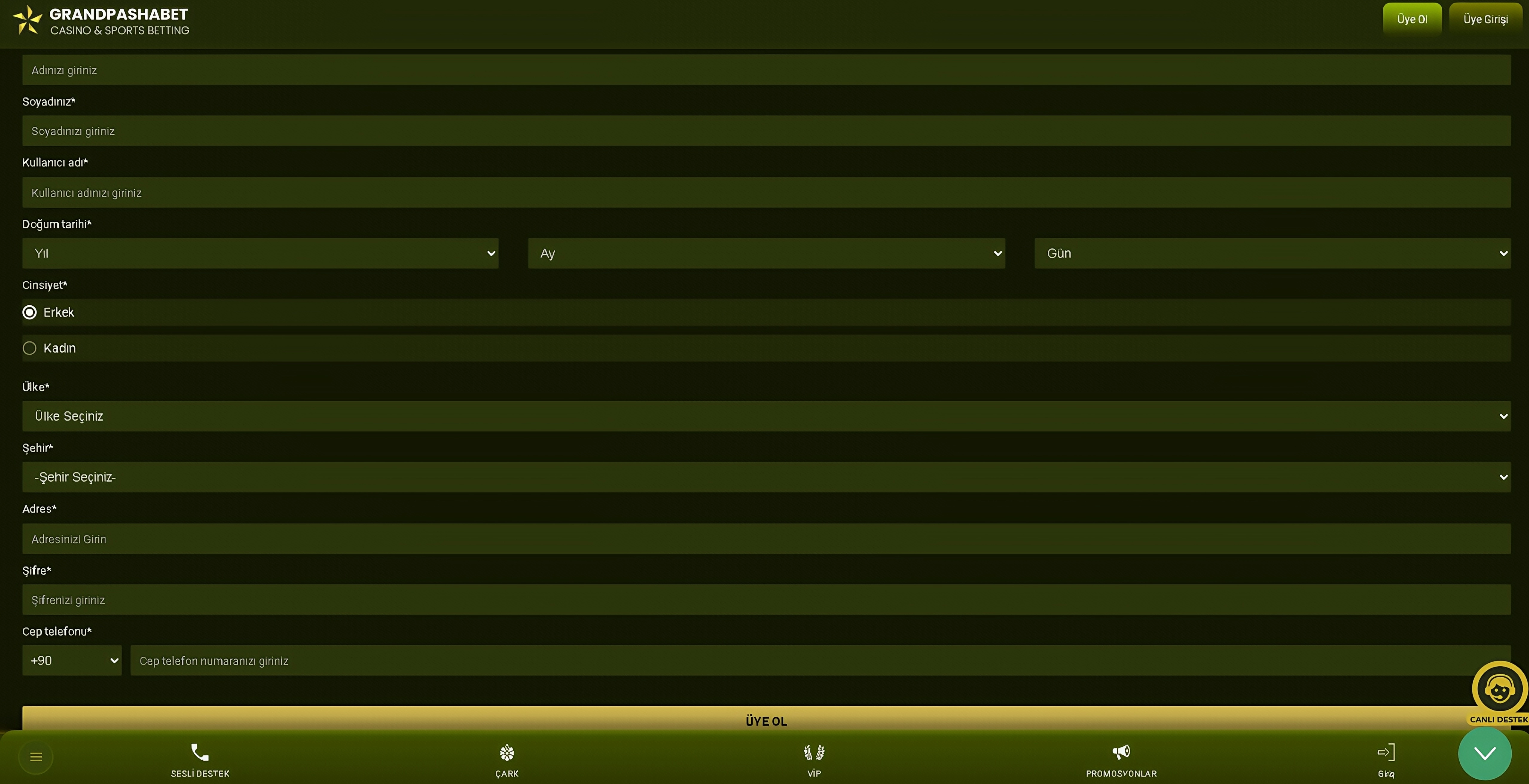 Grandpashabet kayıt ve üyelik oluşturma adımları